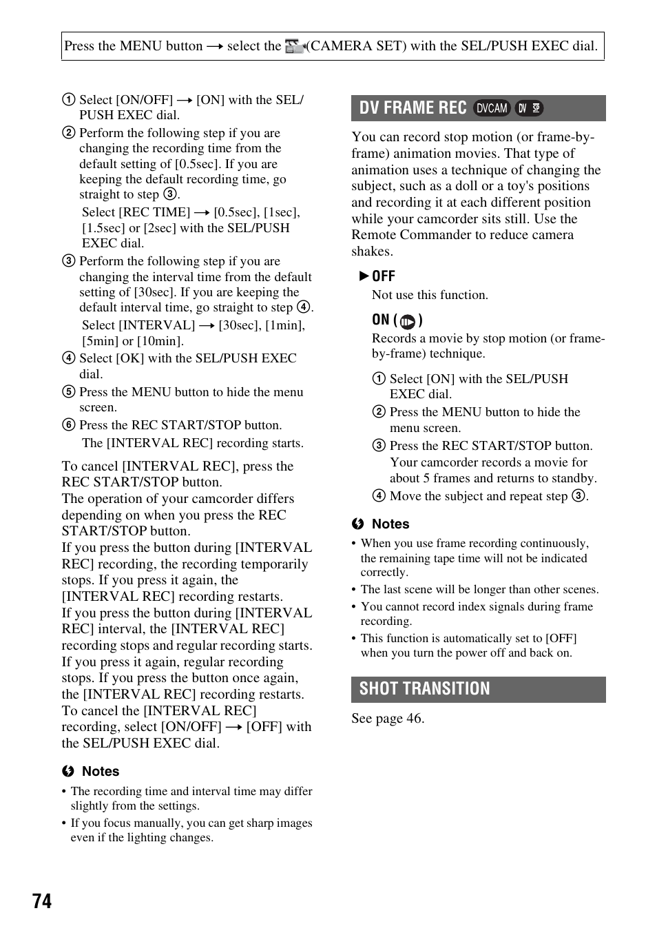 Dv frame rec shot transition | Sony HVR-Z7E/Z7P User Manual | Page 74 / 146