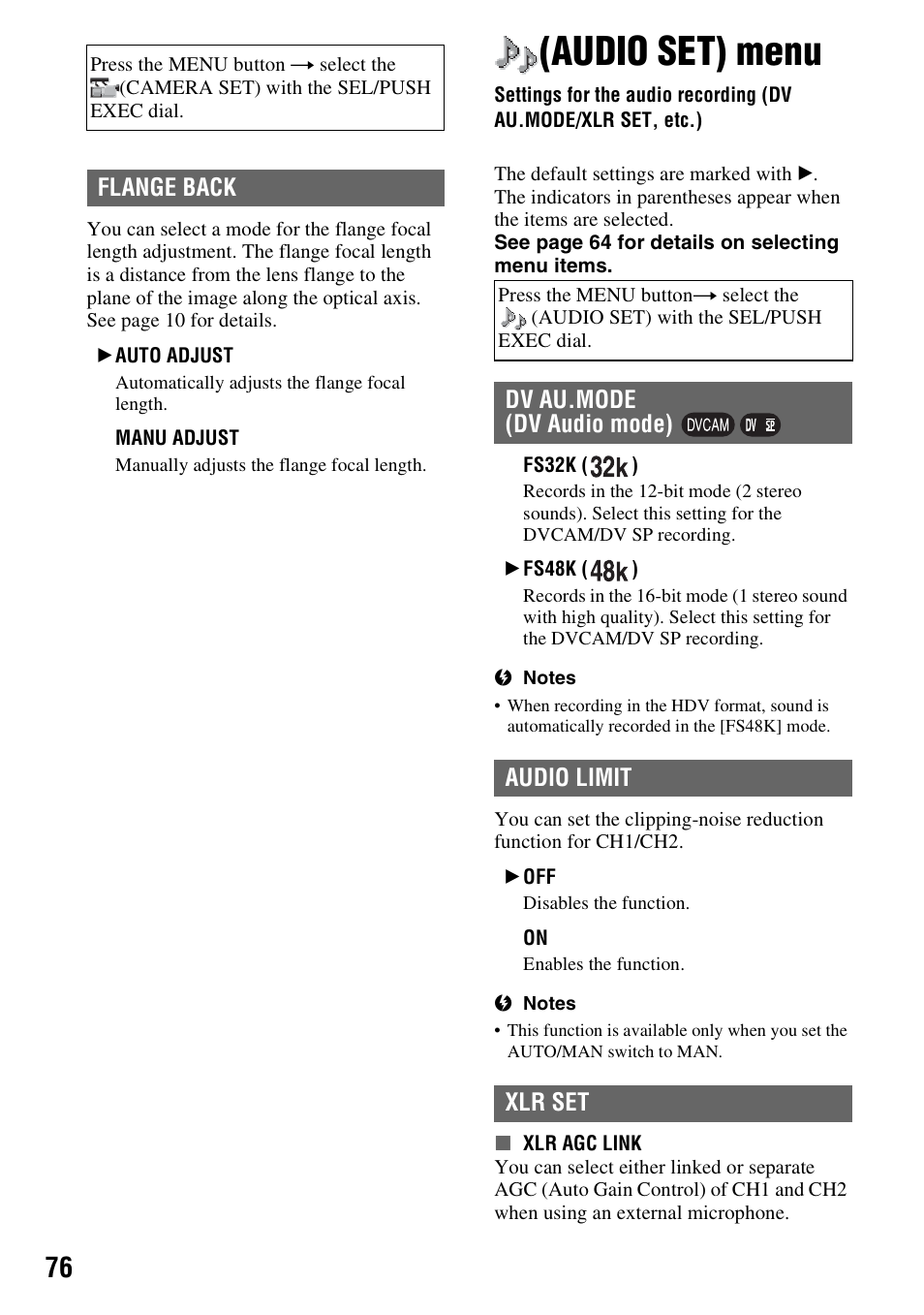 Audio set) menu, Audio set, Settings for the audio recording (dv a | P. 76), O set (p. 76), Flange back, Audio limit, Xlr set | Sony HVR-Z7E/Z7P User Manual | Page 76 / 146