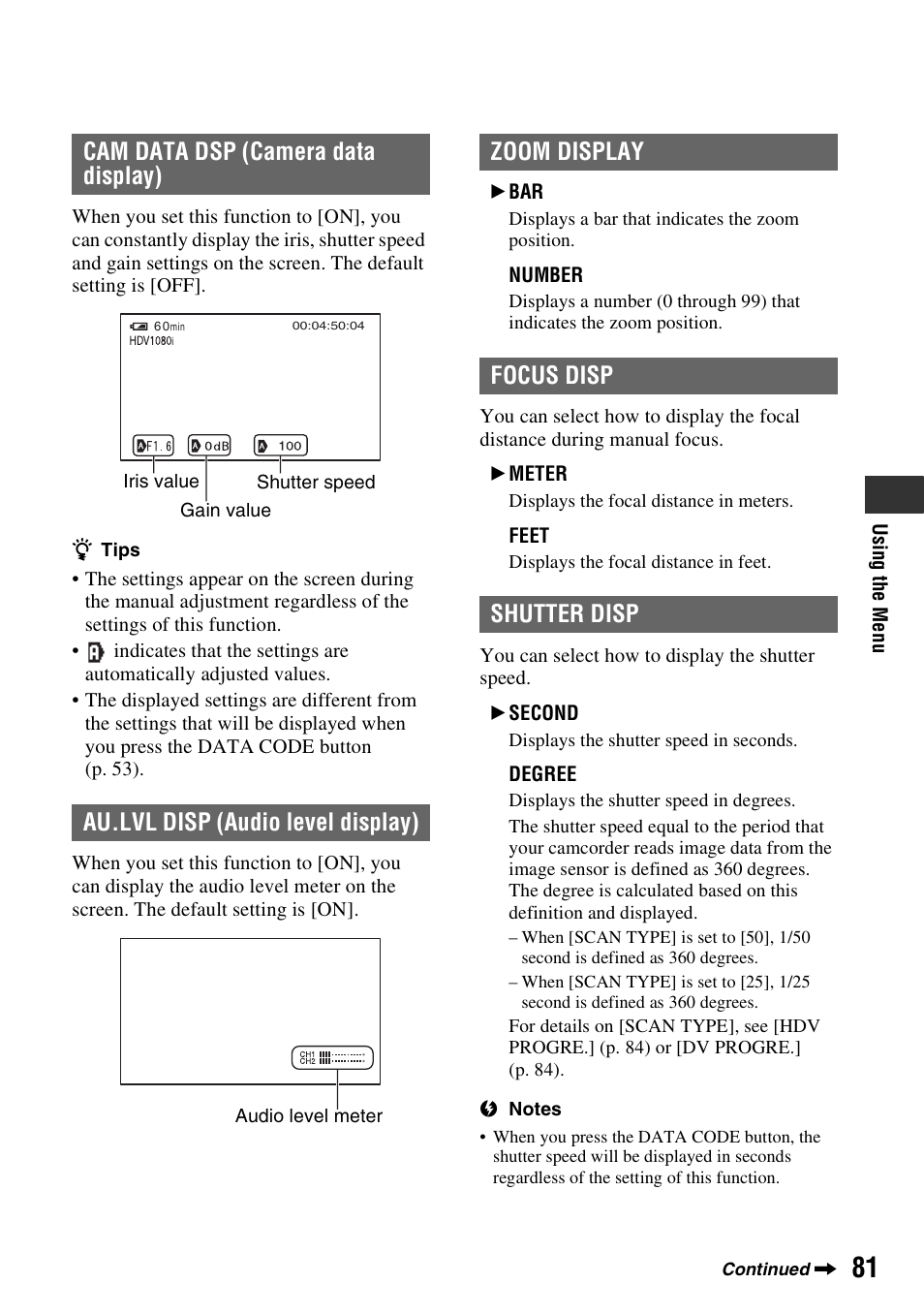 Zoom display, Focus disp, Shutter disp | Zoom display focus disp shutter disp | Sony HVR-Z7E/Z7P User Manual | Page 81 / 146