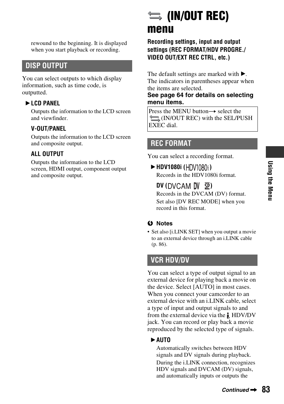 In/out rec) menu, Recording settings, input and output settings (r, P. 83) | Auto] (83), C (p. 83), Disp output, Rec format | Sony HVR-Z7E/Z7P User Manual | Page 83 / 146