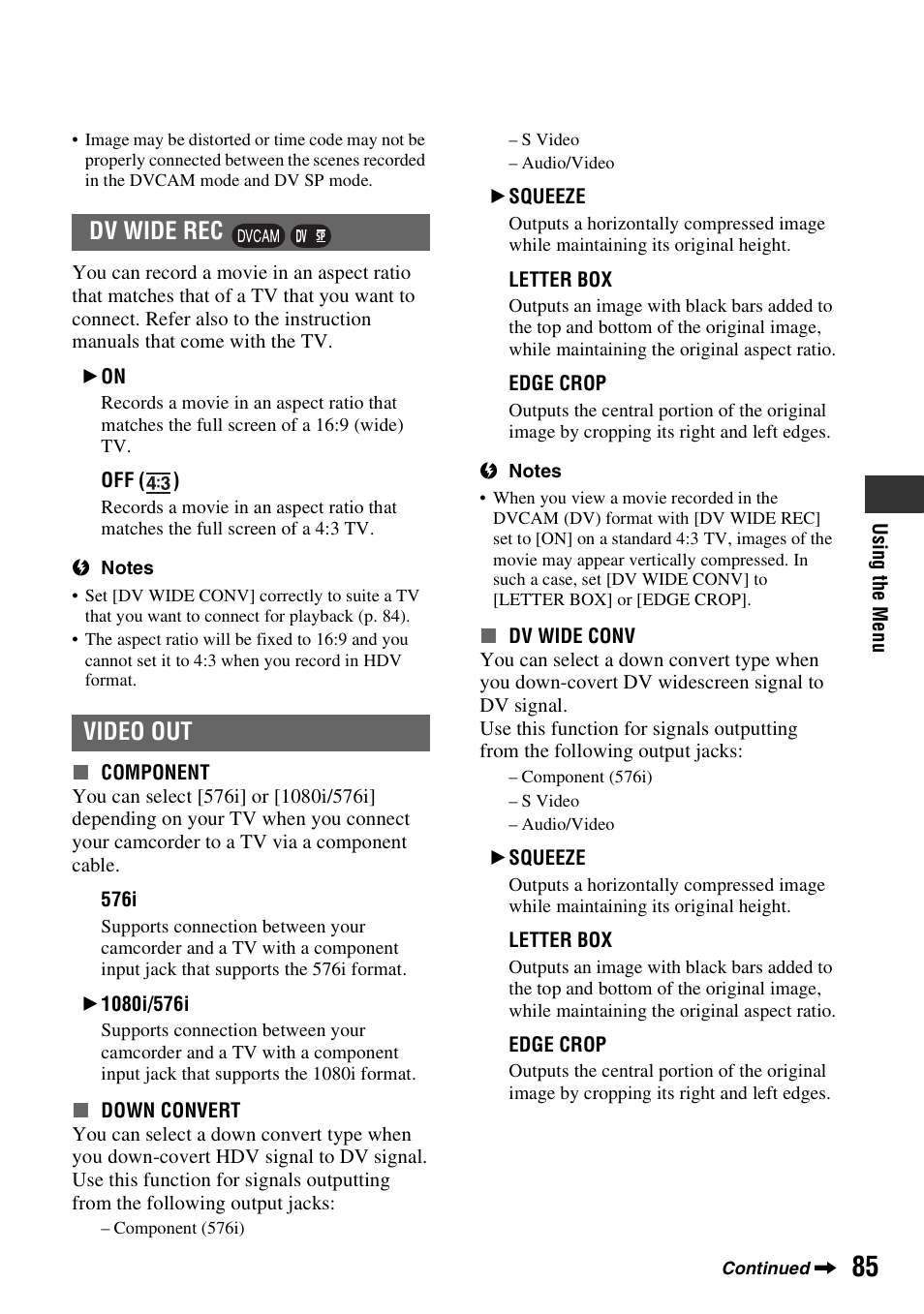 P. 85), Dv wide rec, Video out | Dv wide rec video out | Sony HVR-Z7E/Z7P User Manual | Page 85 / 146