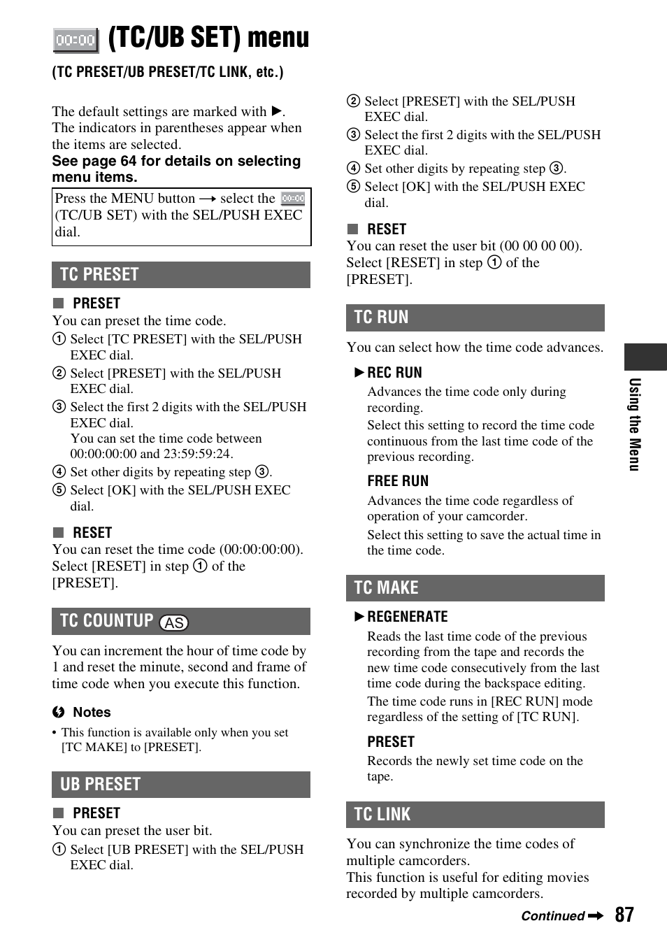 Tc/ub set) menu, Tc preset/ub preset/tc link, etc.), Et (p. 87) | P. 87), Tc preset, Tc countup, Ub preset, Tc run, Tc make, Tc link | Sony HVR-Z7E/Z7P User Manual | Page 87 / 146