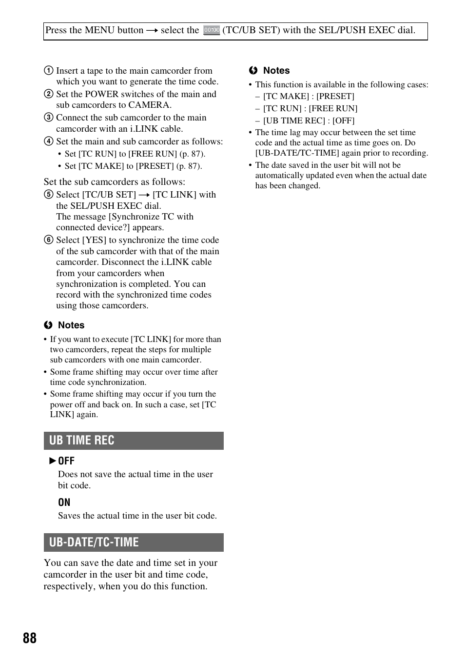 Ub time rec, Ub-date/tc-time, Ub time rec ub-date/tc-time | Sony HVR-Z7E/Z7P User Manual | Page 88 / 146