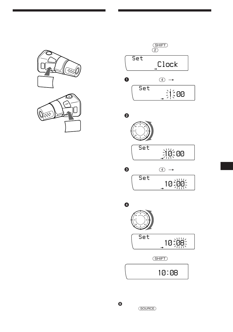 Preparar o telecomando rotativo, Acertar o relógio, Clock | S e t | Sony XR-C850RDS User Manual | Page 107 / 140