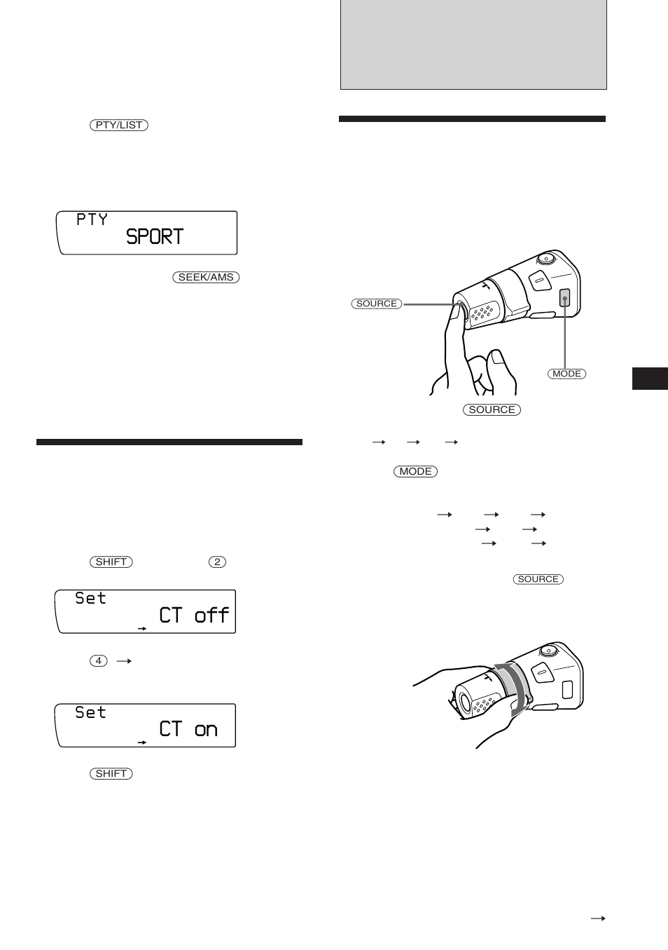 Other functions, Setting the clock automatically, Using the rotary remote | Sport, Ct off, Ct on | Sony XR-C850RDS User Manual | Page 13 / 140