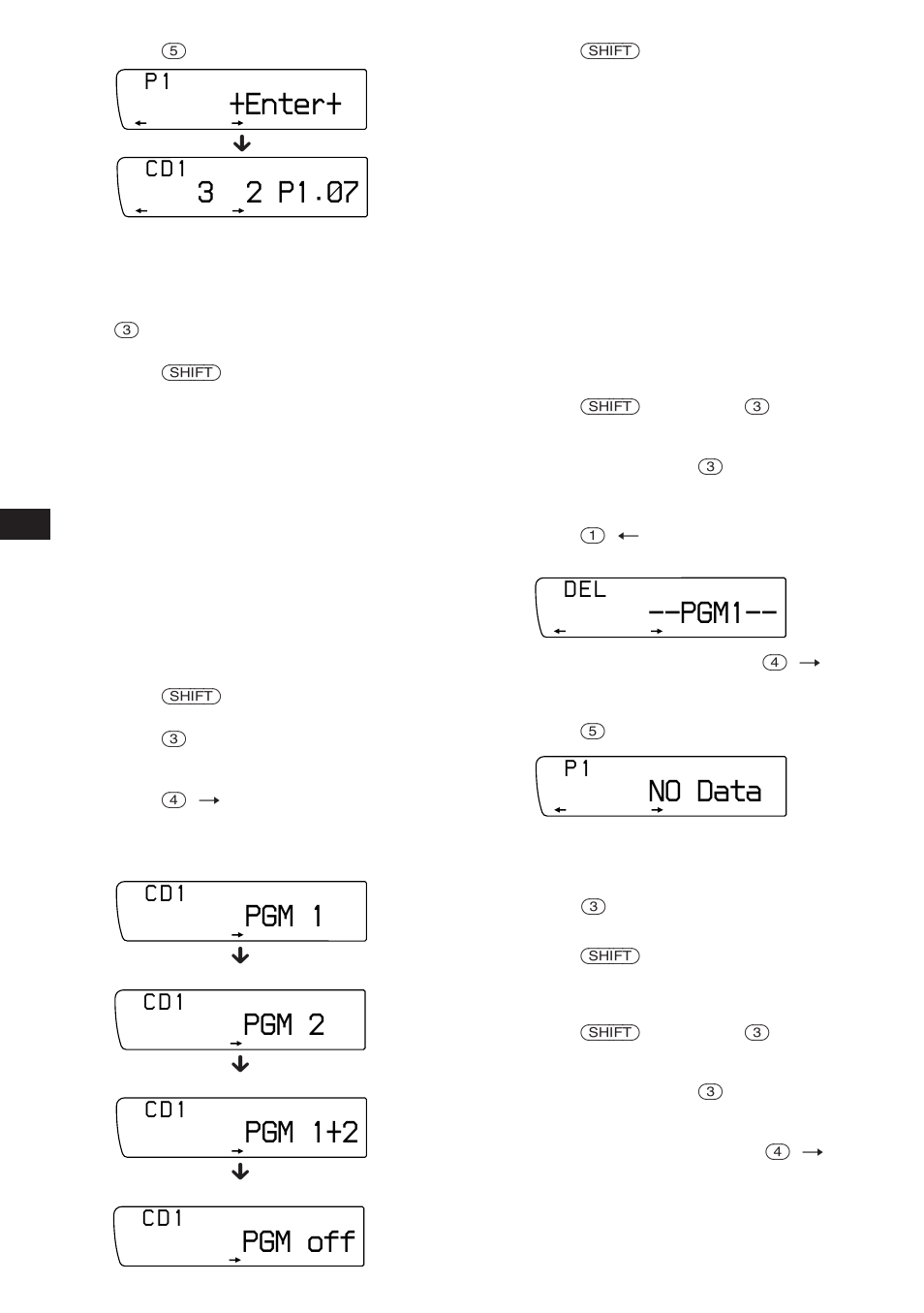 Pgm1, No data, Pgm 1 | Pgm 2, Pgm 1+2, Pgm off, 3 2 p1.‚7, Enter, D e l, C d 1 | Sony XR-C850RDS User Manual | Page 18 / 140