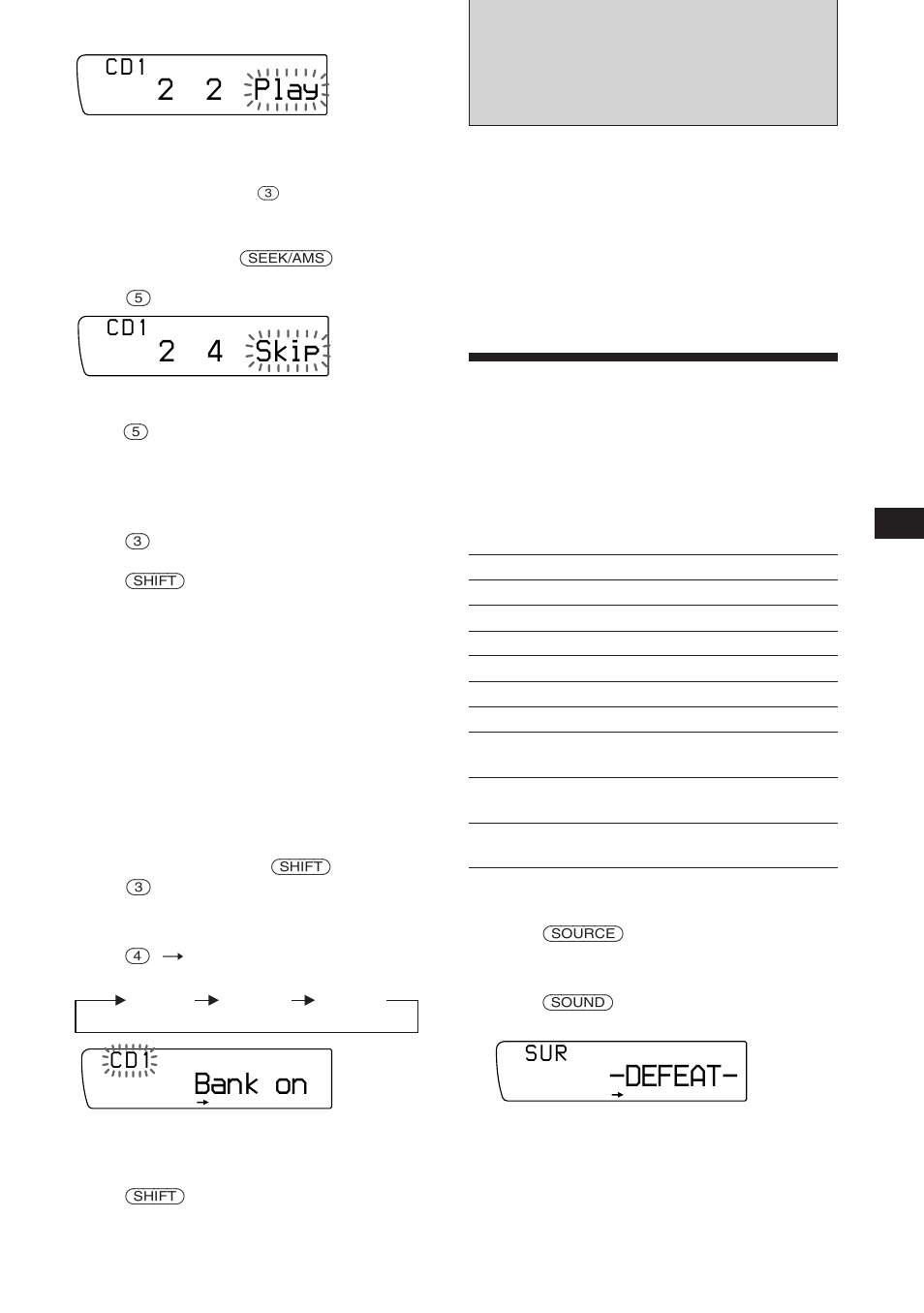 Selecting a surround menu, Defeat, 2 2 play | 2 4 skip, Bank on, S u r, C d 1 | Sony XR-C850RDS User Manual | Page 21 / 140