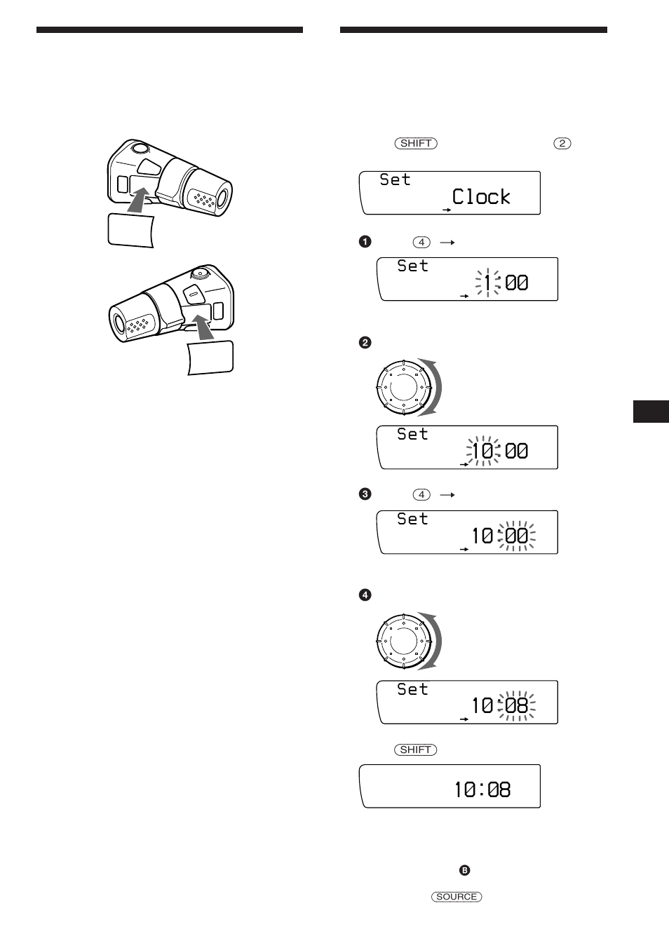 Preparación del mando a distancia giratorio, Ajuste del reloj, Clock | S e t | Sony XR-C850RDS User Manual | Page 37 / 140