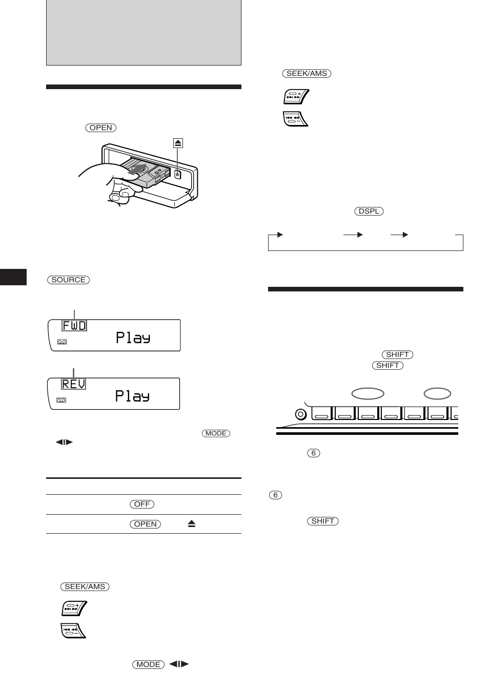 Cassette player, Listening to a tape, Playing tracks repeatedly | Play, F w d, R e v | Sony XR-C850RDS User Manual | Page 6 / 140