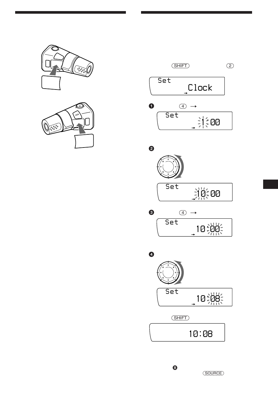 Förbereda vridkontrollen, Ställa klockan, Clock | S e t | Sony XR-C850RDS User Manual | Page 73 / 140