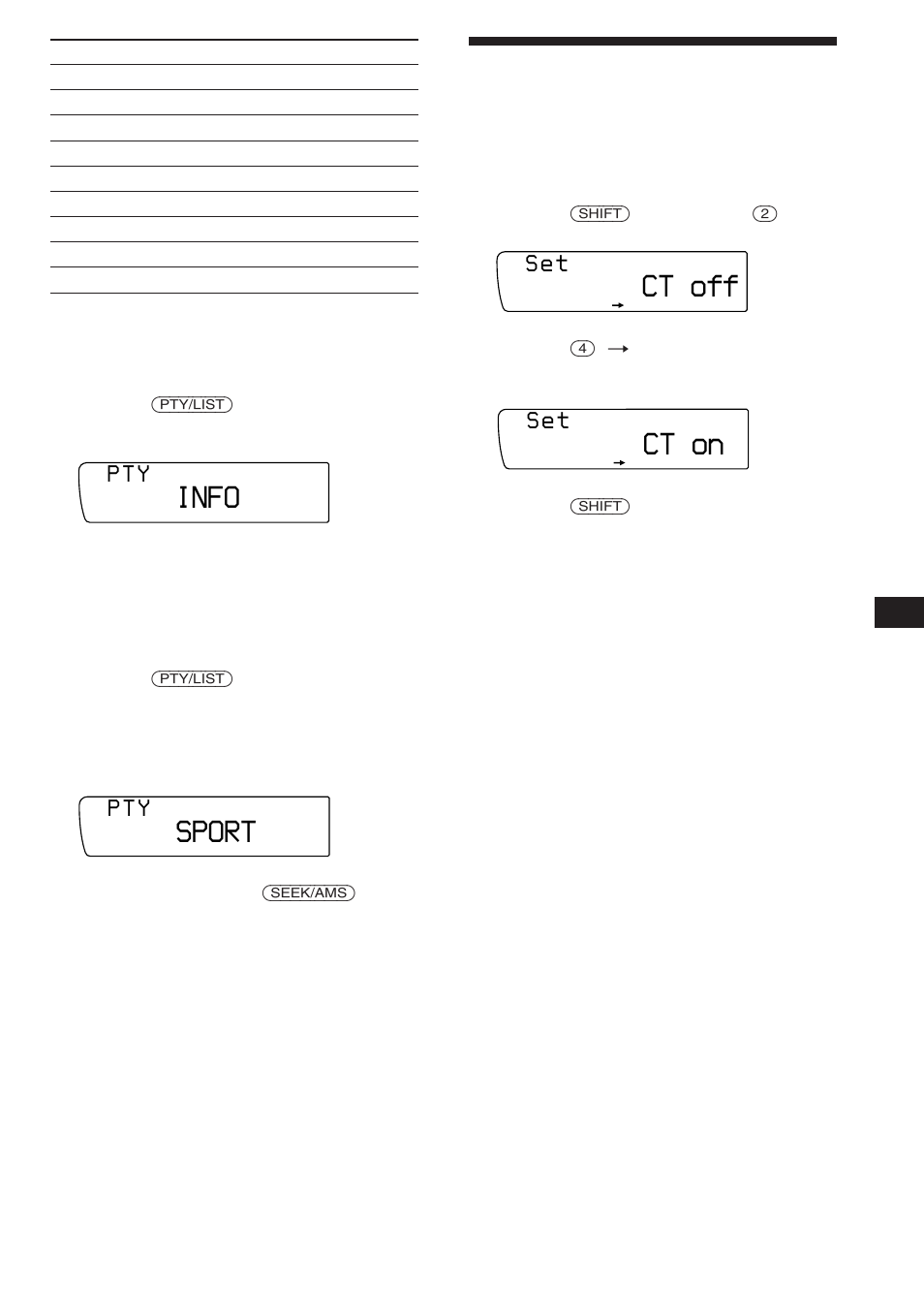 Ställa klockan automatiskt, Info, Sport | Ct off, Ct on, P t y, S e t | Sony XR-C850RDS User Manual | Page 81 / 140