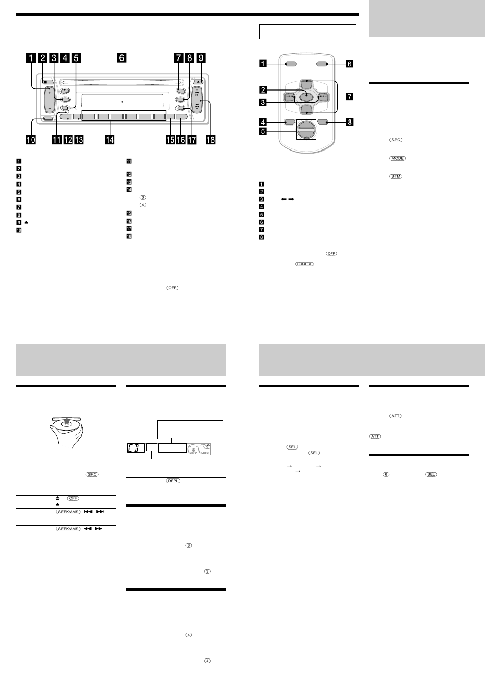 Radio, Cd player, Other functions | Location of controls, Storing stations automatically, Playing a disc, Display items, Playing tracks repeatedly, Playing tracks in random order, Quickly attenuating the sound | Sony CDX-L350 User Manual | Page 3 / 4