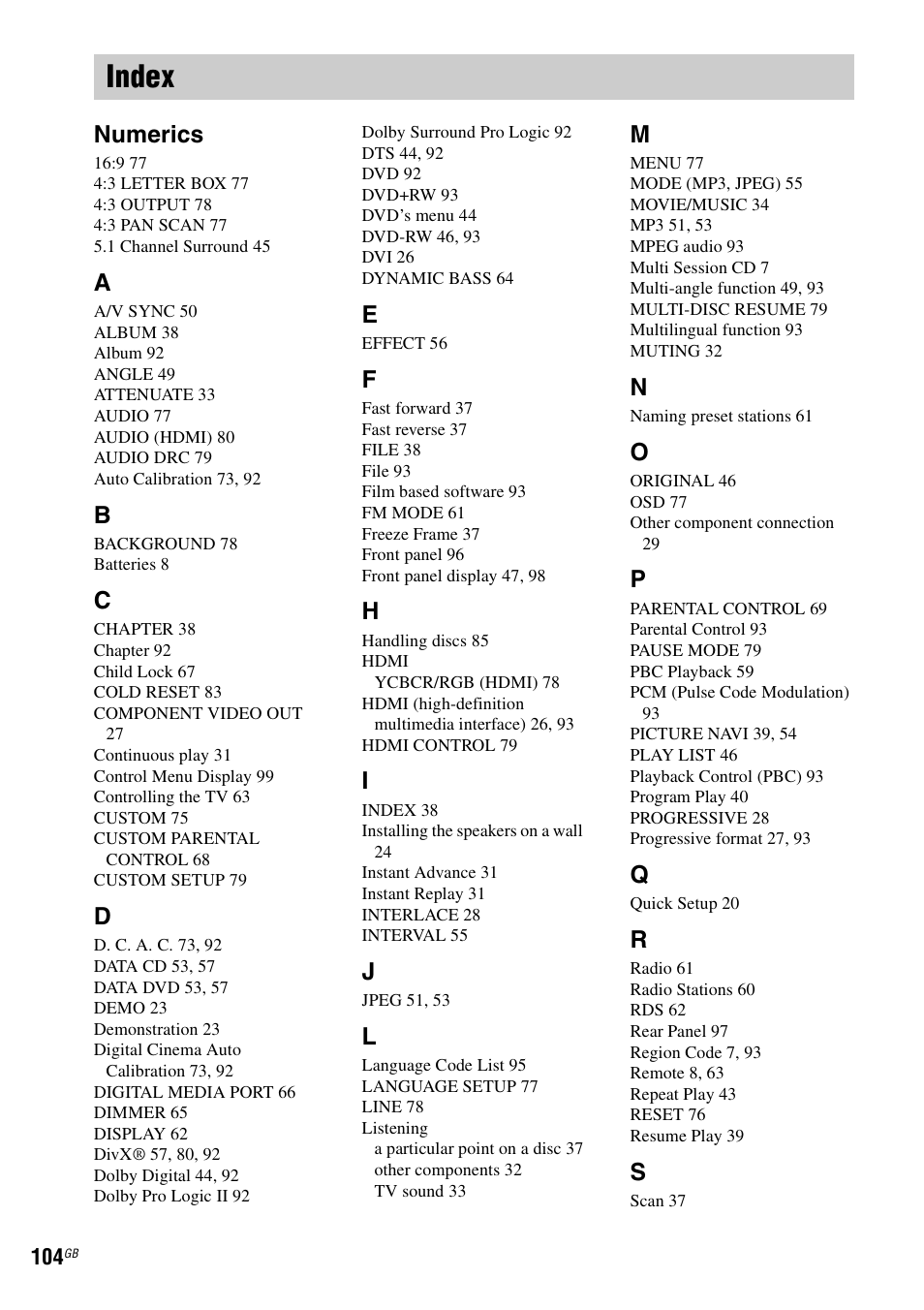 Index, Numerics | Sony DAV-DZ530 User Manual | Page 104 / 108