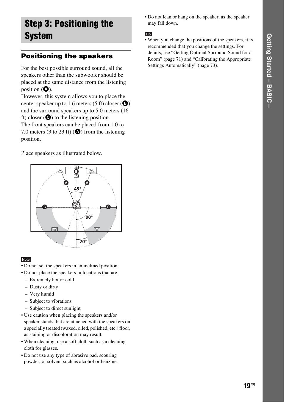 Step 3: positioning the system, Positioning the speakers | Sony DAV-DZ530 User Manual | Page 19 / 108