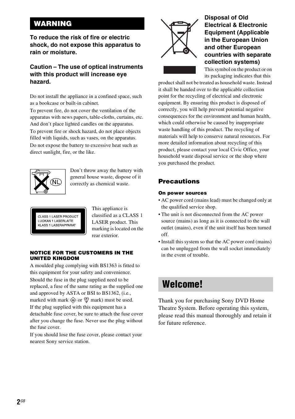 Warning, Welcome | Sony DAV-DZ530 User Manual | Page 2 / 108