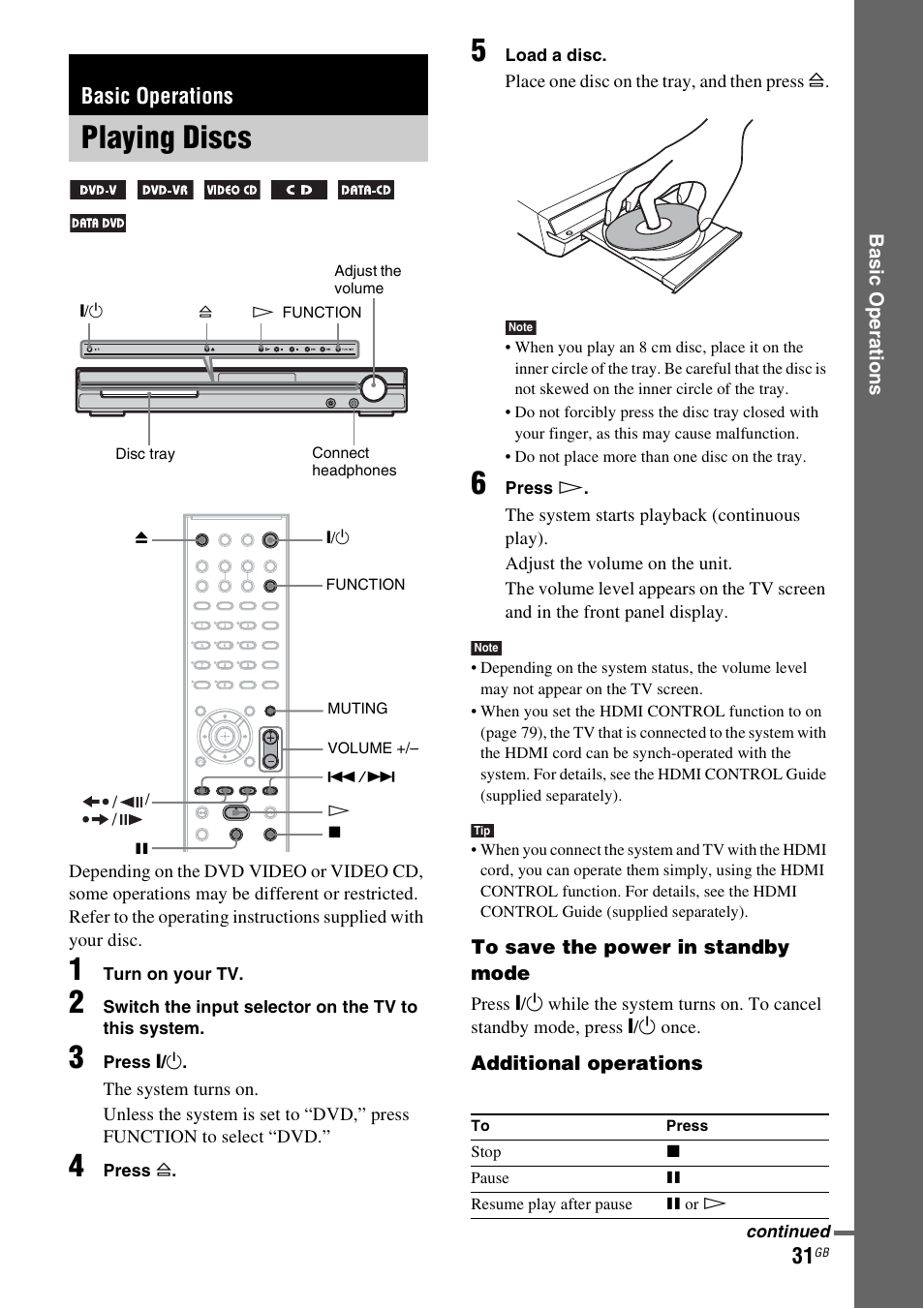 Basic operations, Playing discs | Sony DAV-DZ530 User Manual | Page 31 / 108