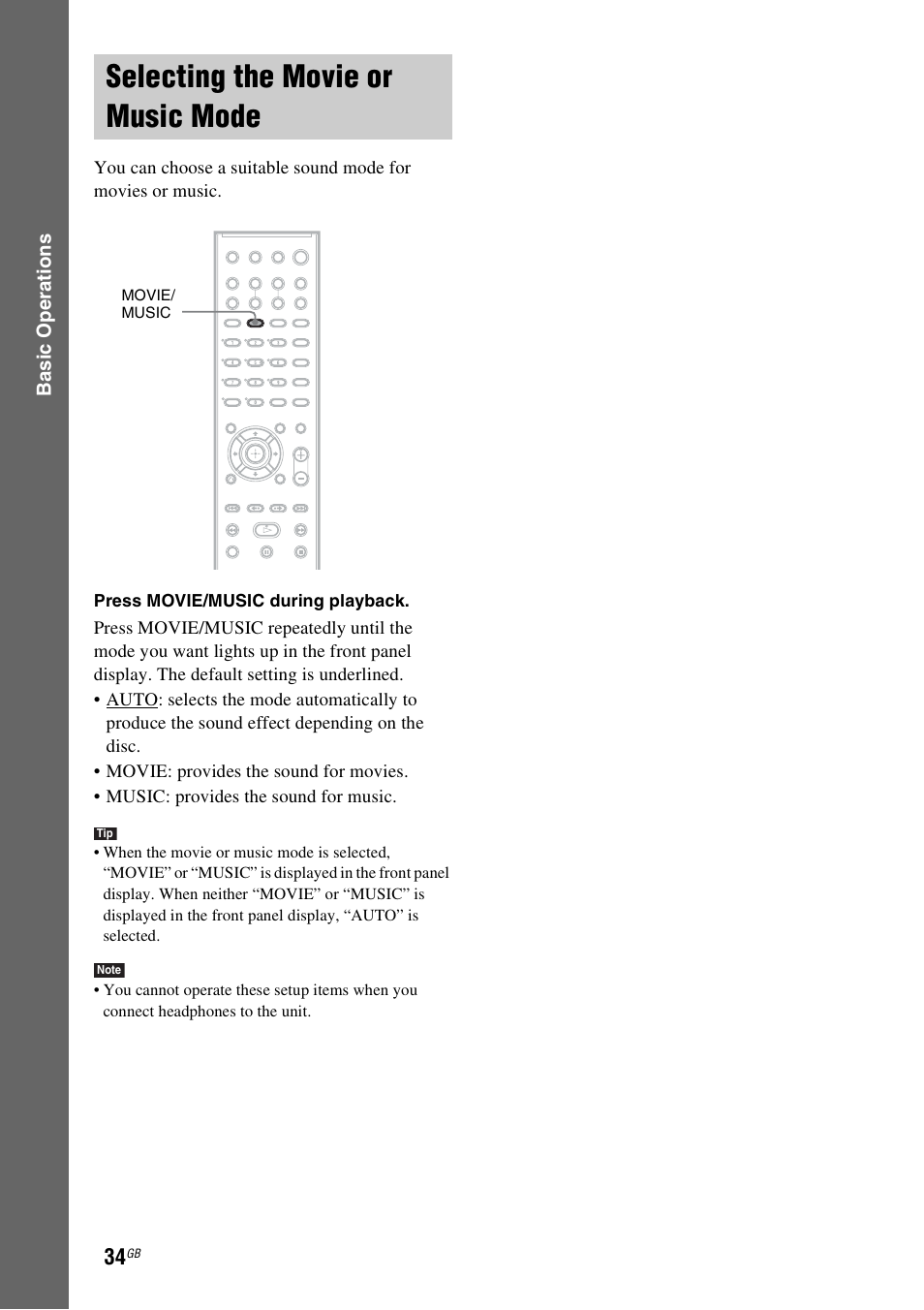 Selecting the movie or music mode, Selecting the movie or music, Mode | Sony DAV-DZ530 User Manual | Page 34 / 108