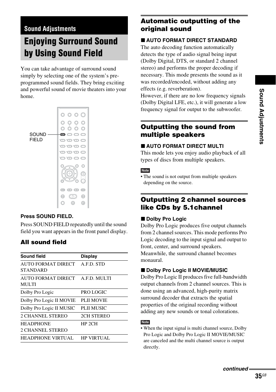 Sound adjustments, Enjoying surround sound by using sound field, Automatic outputting of the original sound | Outputting the sound from multiple speakers, Enjoying surround sound by using sound, Field | Sony DAV-DZ530 User Manual | Page 35 / 108