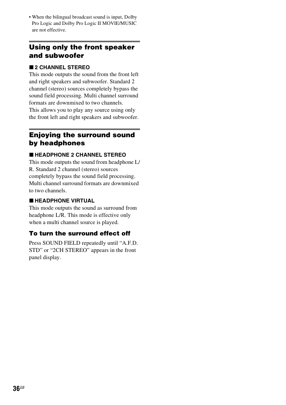 Using only the front speaker and subwoofer, Enjoying the surround sound by headphones | Sony DAV-DZ530 User Manual | Page 36 / 108