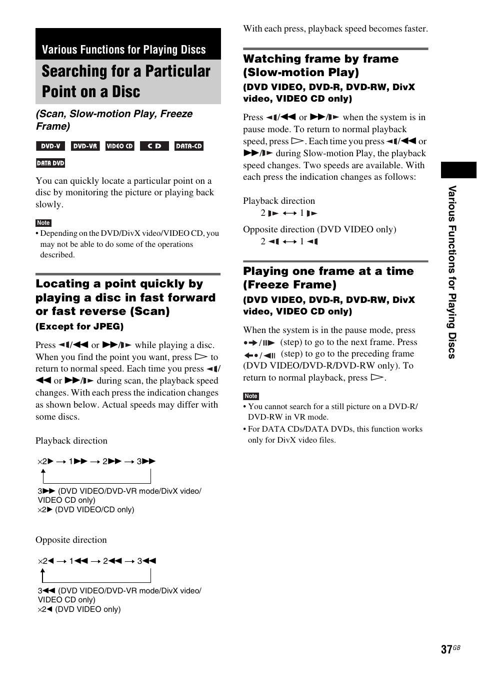 Various functions for playing discs, Searching for a particular point on a disc, Watching frame by frame (slow-motion play) | Playing one frame at a time (freeze frame), Searching for a particular point on, A disc (scan, slow-motion play, freeze frame) | Sony DAV-DZ530 User Manual | Page 37 / 108