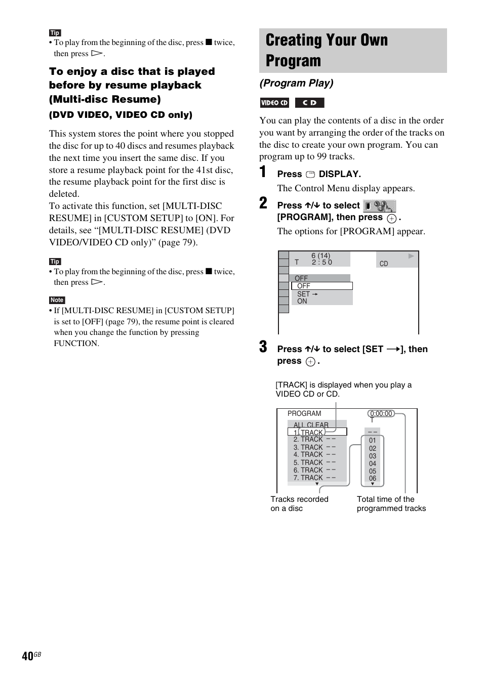 Creating your own program, Program play) | Sony DAV-DZ530 User Manual | Page 40 / 108