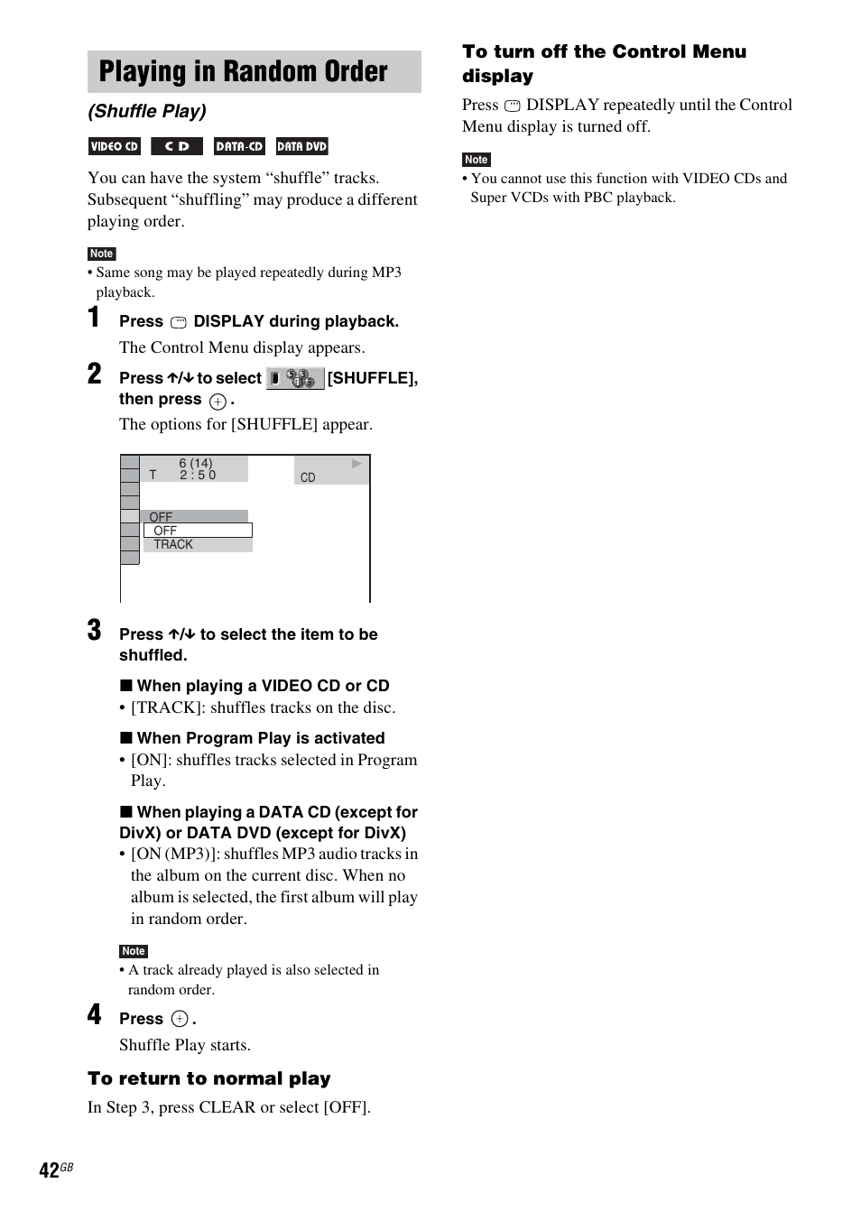 Playing in random order, Shuffle play) | Sony DAV-DZ530 User Manual | Page 42 / 108