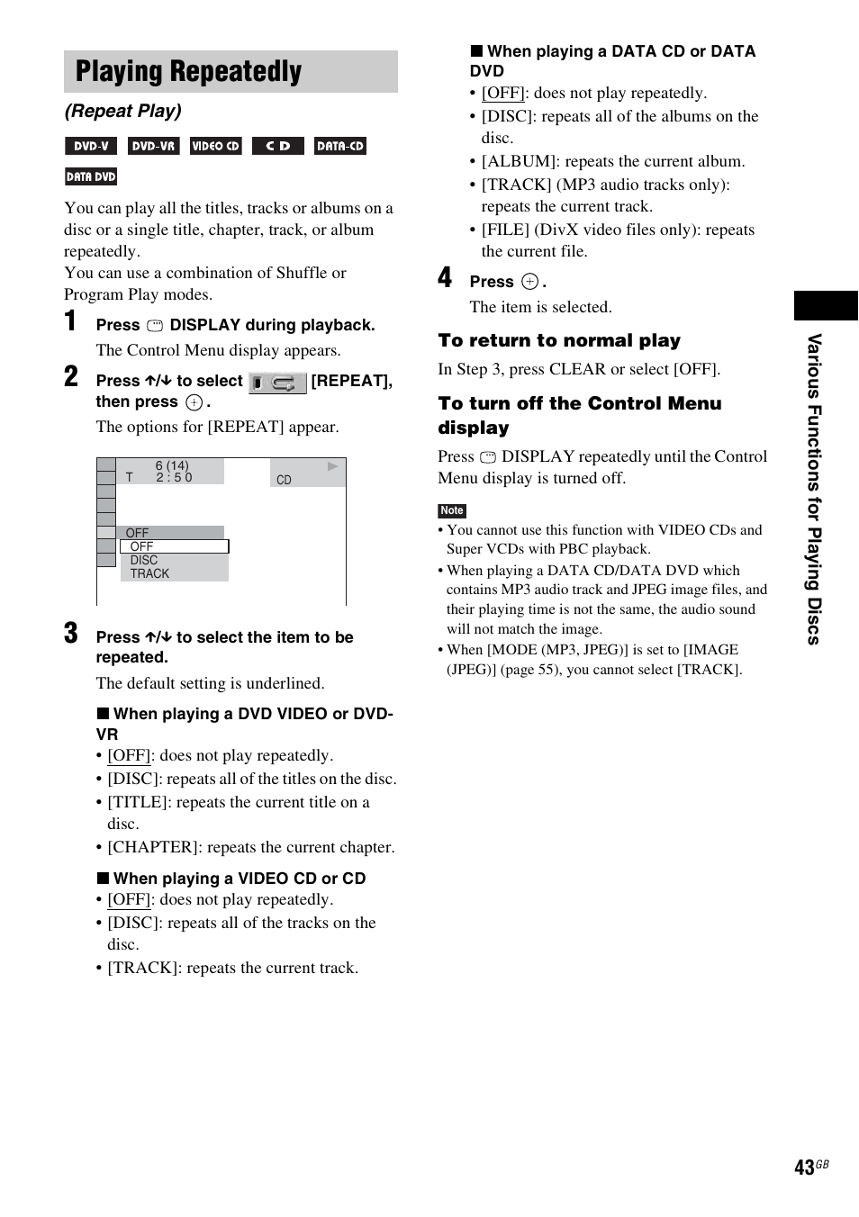 Playing repeatedly, Repeat play) | Sony DAV-DZ530 User Manual | Page 43 / 108