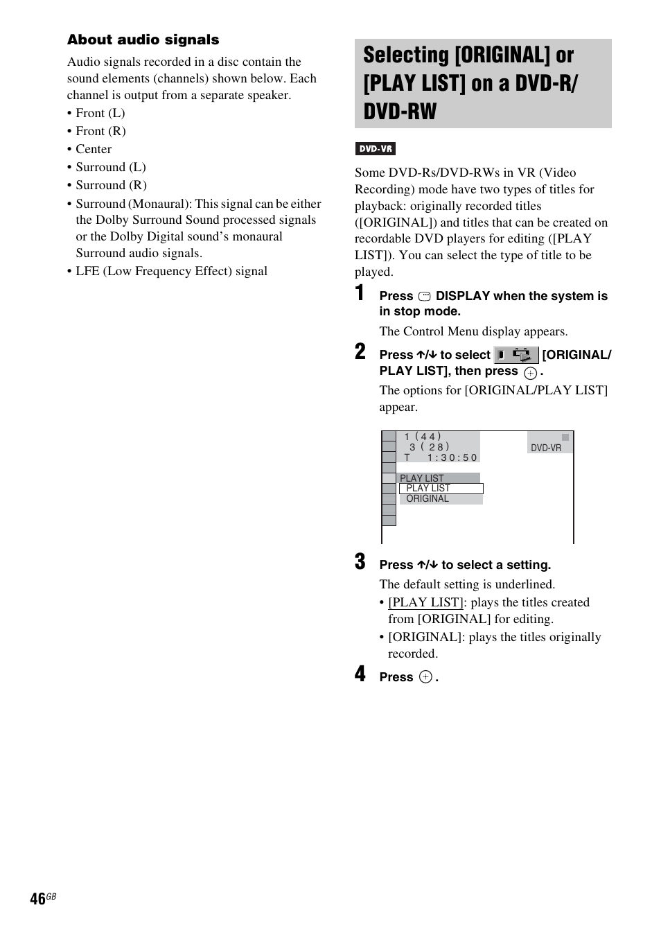 Selecting [original] or [play list, On a dvd-r/dvd-rw | Sony DAV-DZ530 User Manual | Page 46 / 108