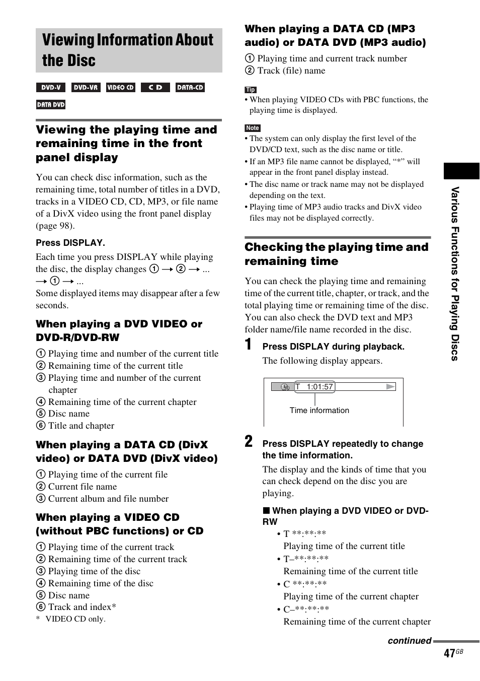 Viewing information about the disc, Checking the playing time and remaining time | Sony DAV-DZ530 User Manual | Page 47 / 108