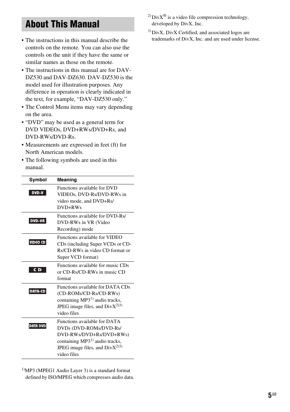 About this manual | Sony DAV-DZ530 User Manual | Page 5 / 108