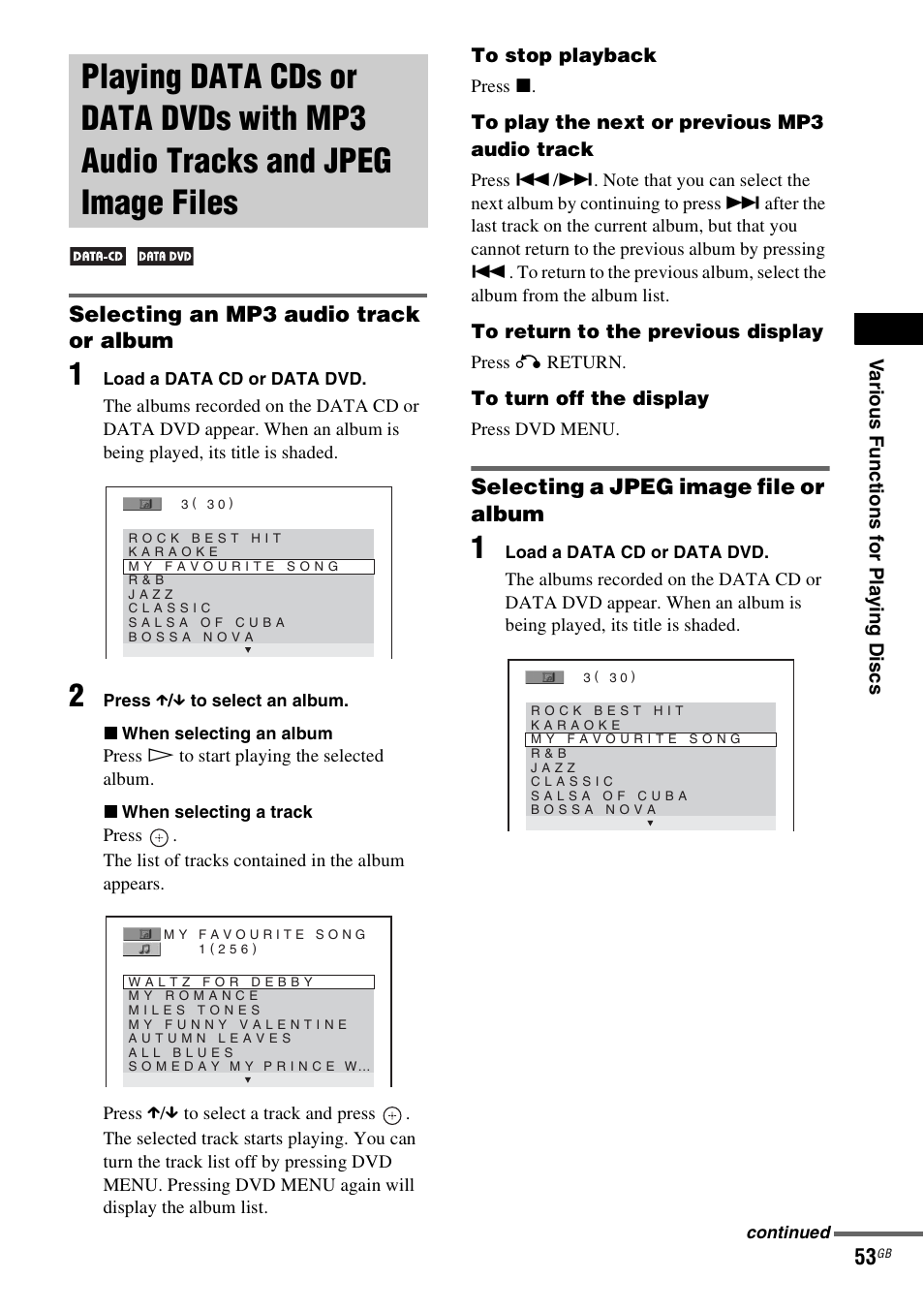 Selecting an mp3 audio track or album, Selecting a jpeg image file or album, Playing data cds or data dvds with | Mp3 audio tracks and jpeg image files | Sony DAV-DZ530 User Manual | Page 53 / 108