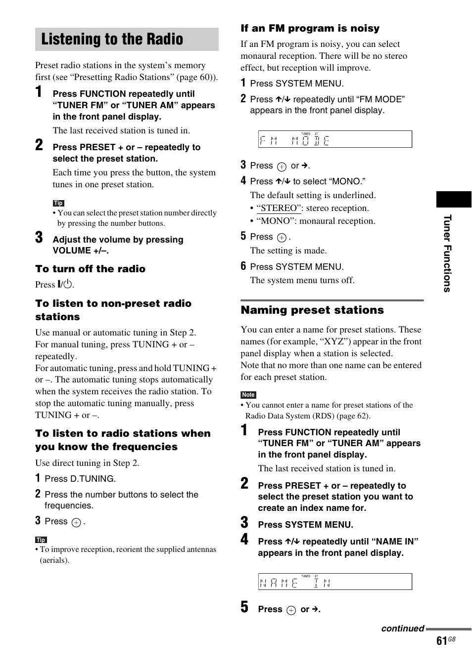 Listening to the radio, Naming preset stations | Sony DAV-DZ530 User Manual | Page 61 / 108