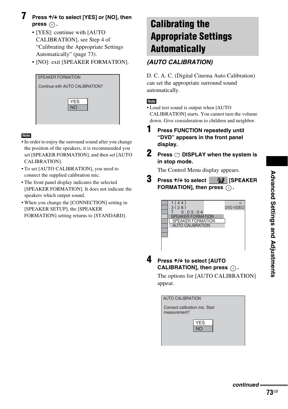 Calibrating the appropriate settings automatically, Calibrating the appropriate settings, Automatically (auto calibration) | Sony DAV-DZ530 User Manual | Page 73 / 108