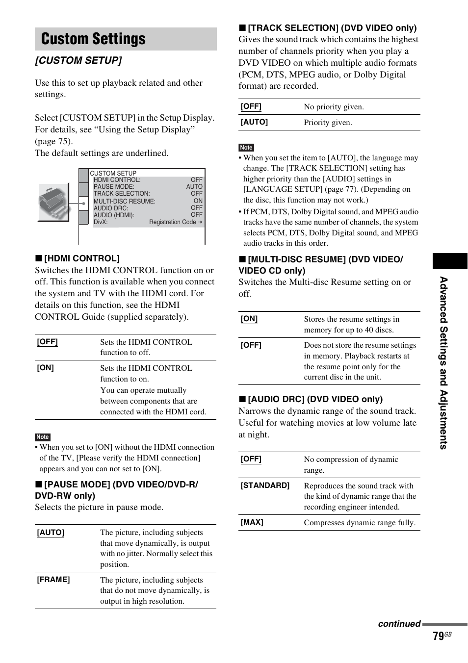 Custom settings, Custom setup | Sony DAV-DZ530 User Manual | Page 79 / 108