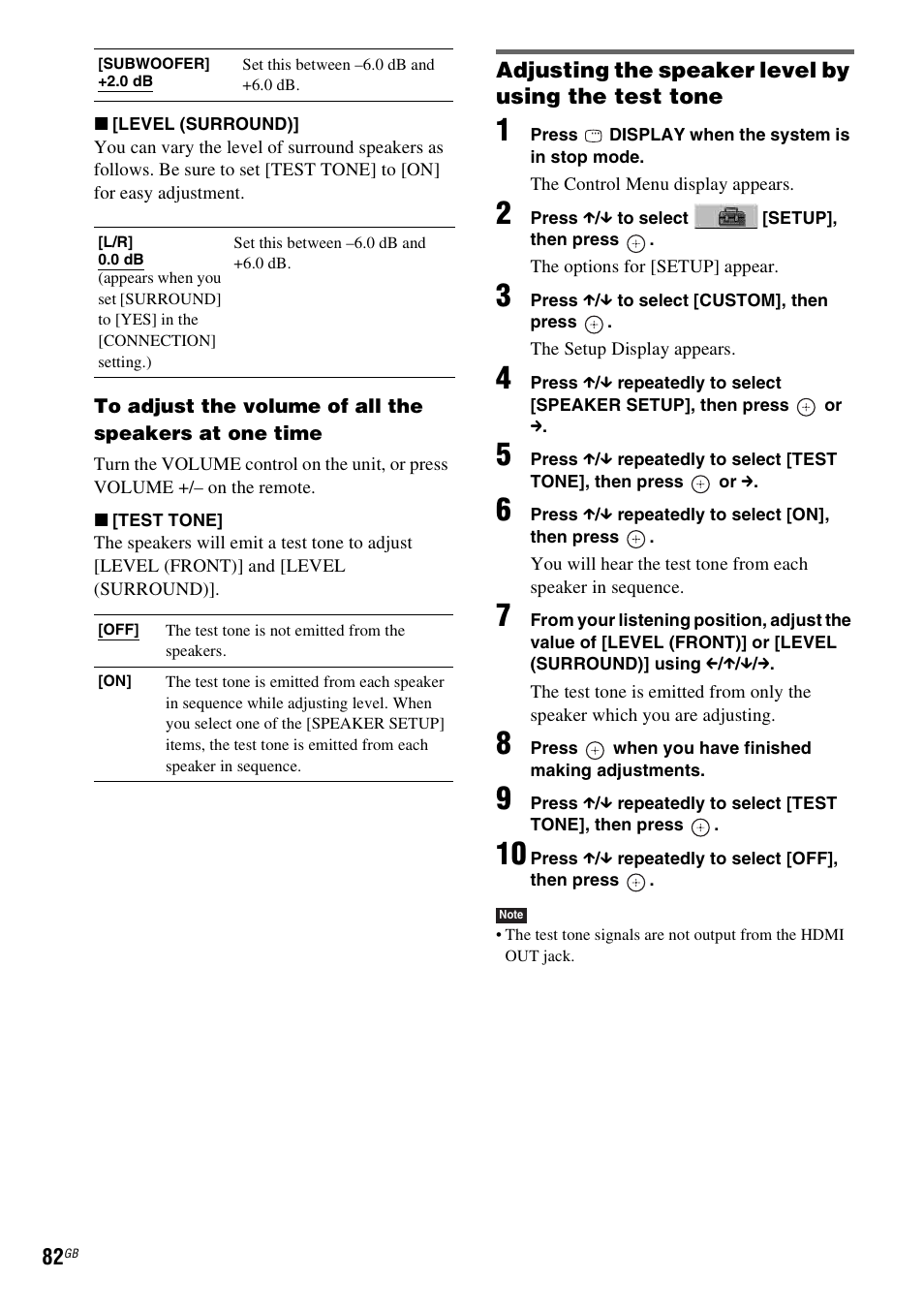 Adjusting the speaker level by using the test tone | Sony DAV-DZ530 User Manual | Page 82 / 108