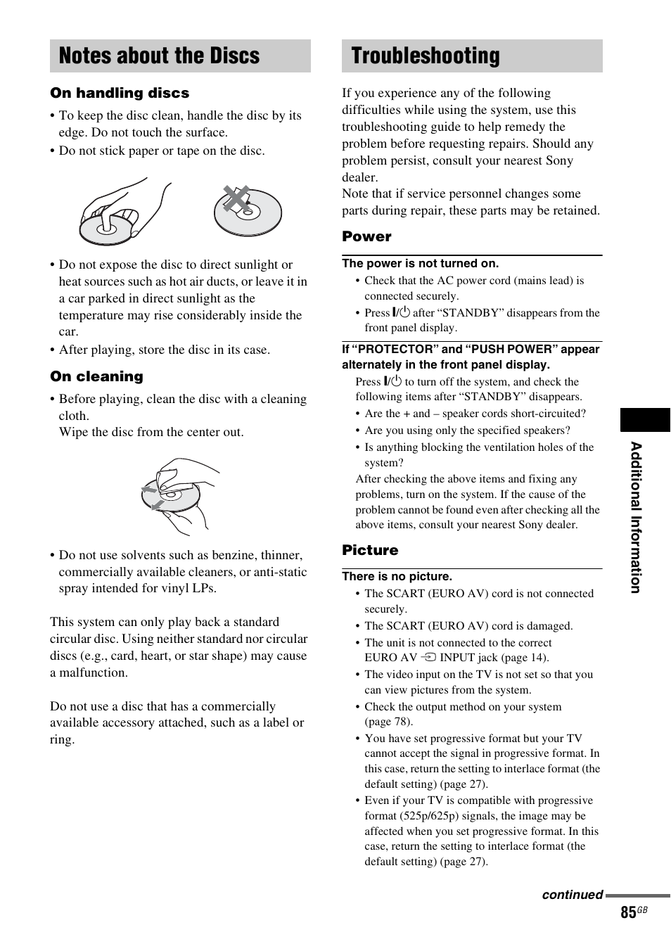 Notes about the discs, Troubleshooting, Notes about the discs troubleshooting | Sony DAV-DZ530 User Manual | Page 85 / 108