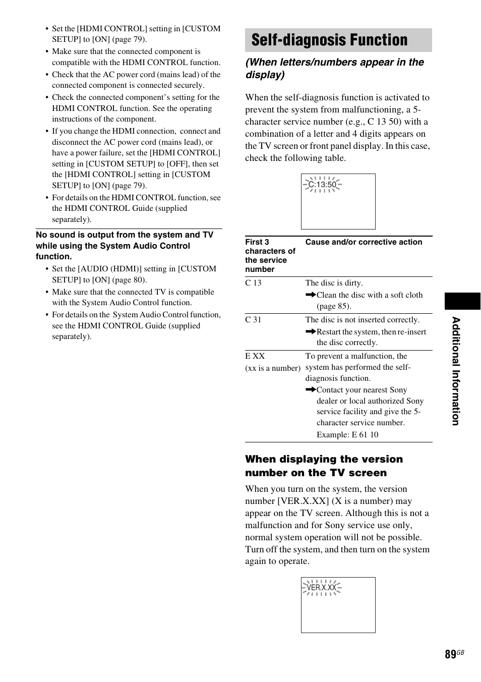 Self-diagnosis function, When letters/numbers appear in the display) | Sony DAV-DZ530 User Manual | Page 89 / 108