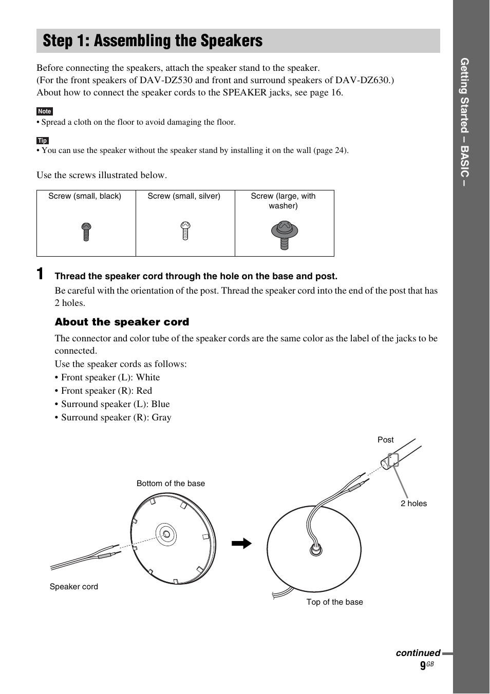 Step 1: assembling the speakers, Step 1: assembling, The speakers | Sony DAV-DZ530 User Manual | Page 9 / 108