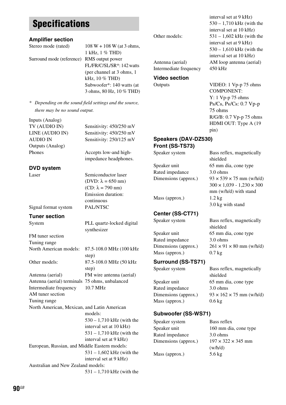 Specifications | Sony DAV-DZ530 User Manual | Page 90 / 108