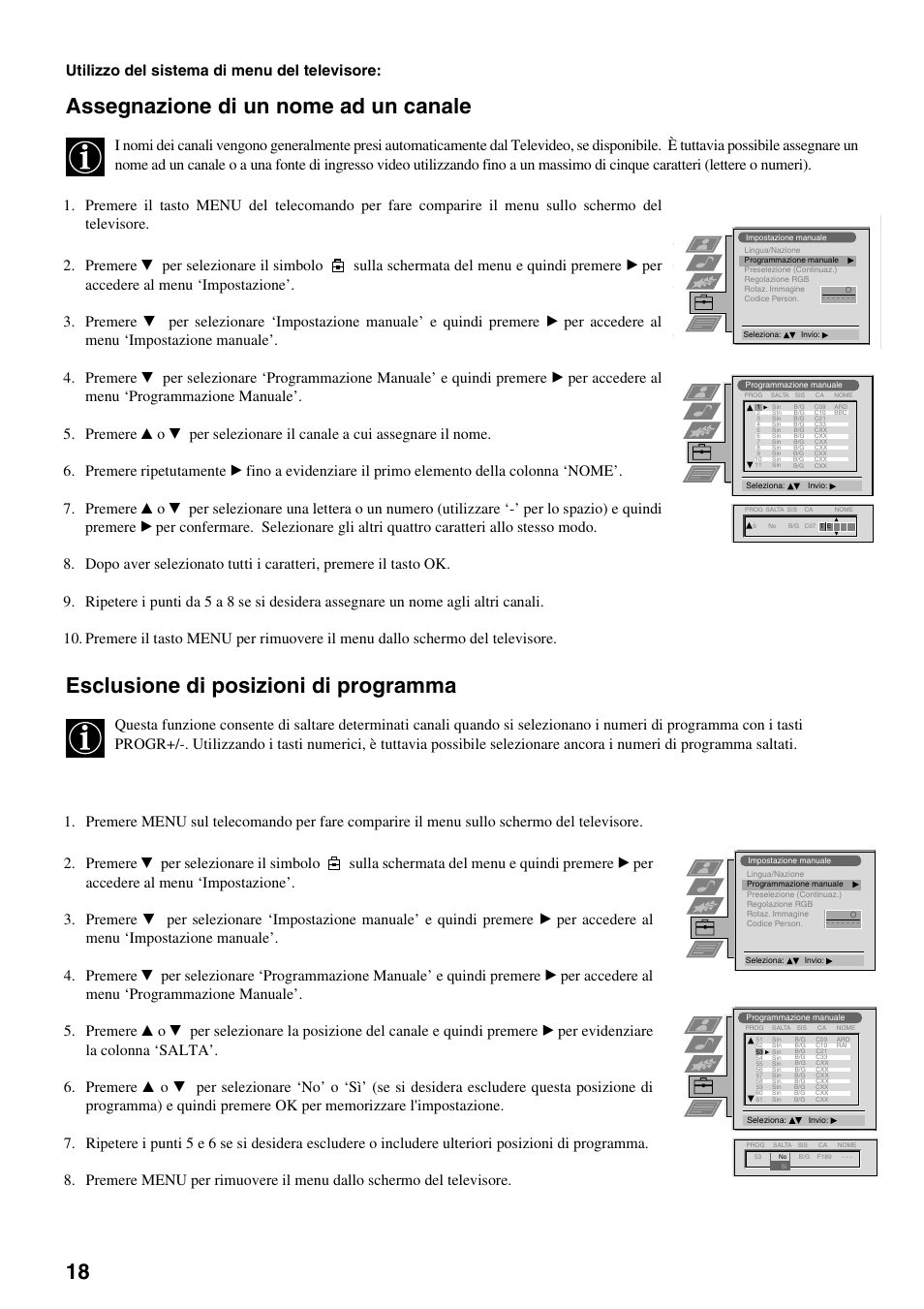 Assegnazione di un nome ad un canale, Esclusione di posizioni di programma, Utilizzo del sistema di menu del televisore | Sony FD Trinitron KV-32FX65 B User Manual | Page 102 / 140