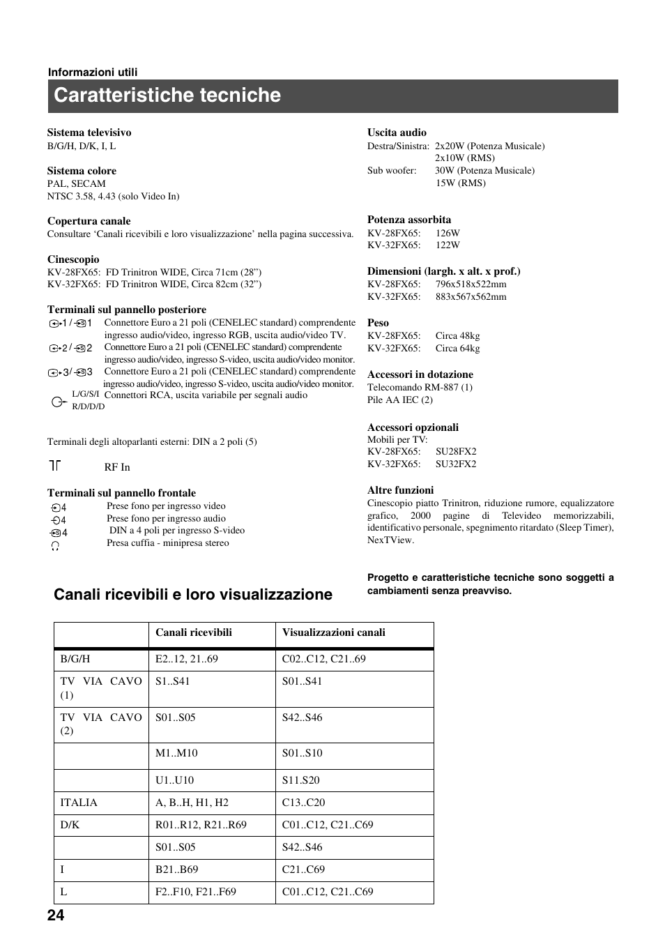 Caratteristiche tecniche, Canali ricevibili e loro visualizzazione | Sony FD Trinitron KV-32FX65 B User Manual | Page 108 / 140