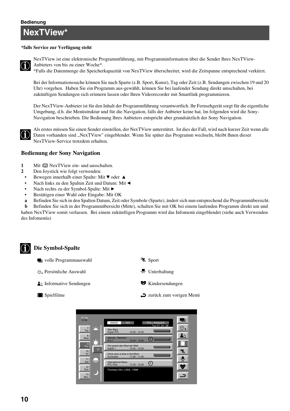 Nextview, Bedienung der sony navigation, Die symbol-spalte | Sony FD Trinitron KV-32FX65 B User Manual | Page 12 / 140