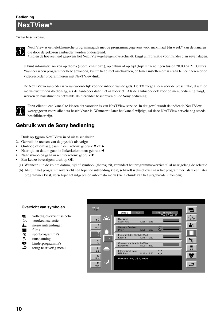 Nextview, Gebruik van de sony bediening | Sony FD Trinitron KV-32FX65 B User Manual | Page 120 / 140