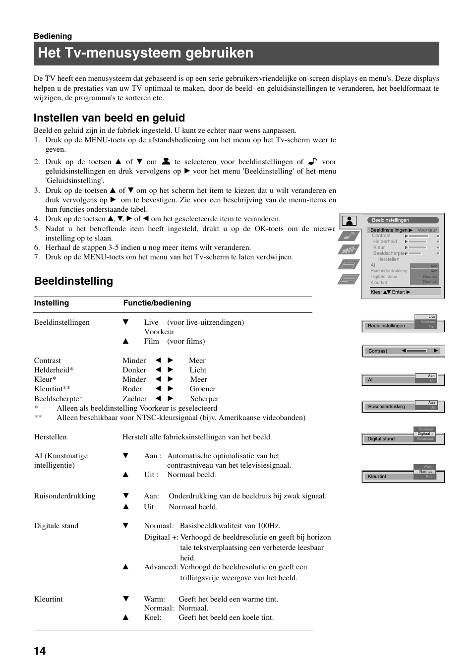 Het tv-menusysteem gebruiken, Instellen van beeld en geluid, Beeldinstelling | Sony FD Trinitron KV-32FX65 B User Manual | Page 124 / 140