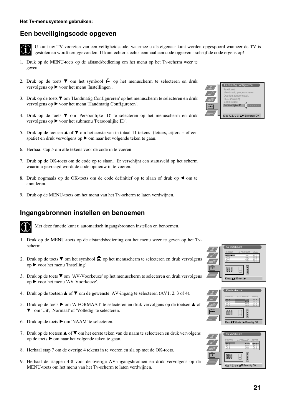 Een beveiligingscode opgeven, Ingangsbronnen instellen en benoemen, Het tv-menusysteem gebruiken | Sony FD Trinitron KV-32FX65 B User Manual | Page 131 / 140