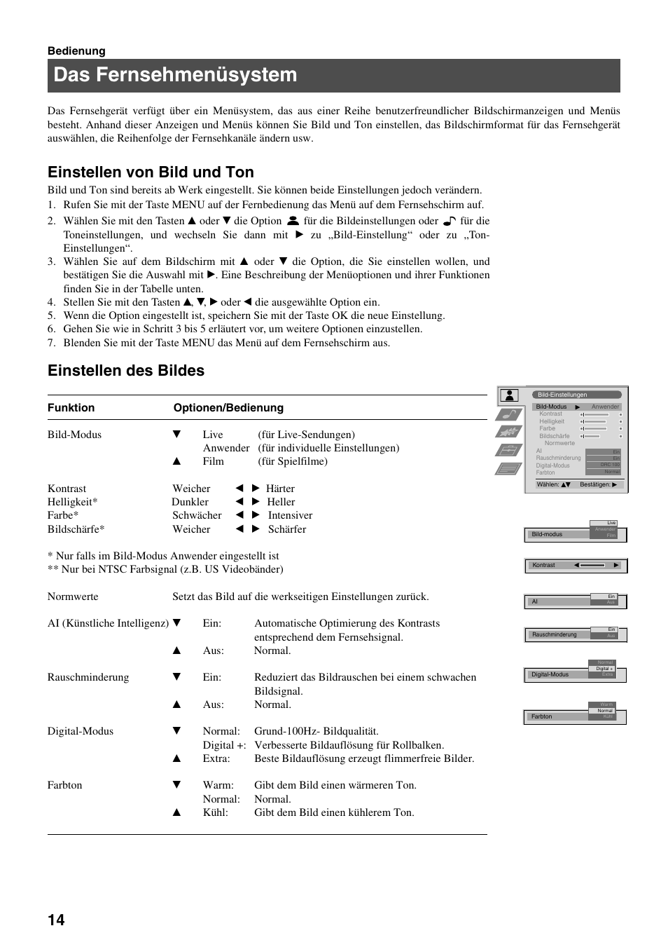 Das fernsehmenüsystem, Einstellen von bild und ton, Einstellen des bildes | Sony FD Trinitron KV-32FX65 B User Manual | Page 16 / 140