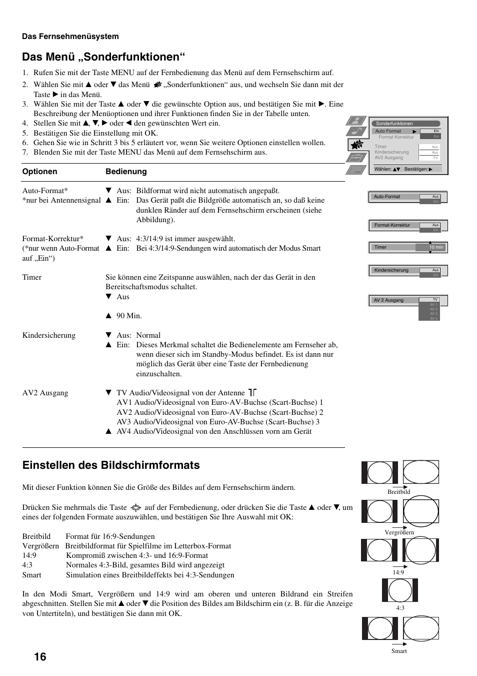 Das menü „sonderfunktionen, Einstellen des bildschirmformats | Sony FD Trinitron KV-32FX65 B User Manual | Page 18 / 140