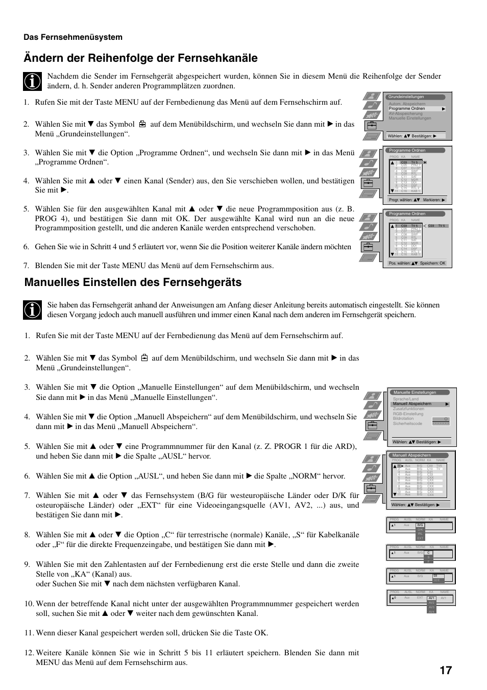 Ändern der reihenfolge der fernsehkanäle, Manuelles einstellen des fernsehgeräts, Das fernsehmenüsystem | Sony FD Trinitron KV-32FX65 B User Manual | Page 19 / 140
