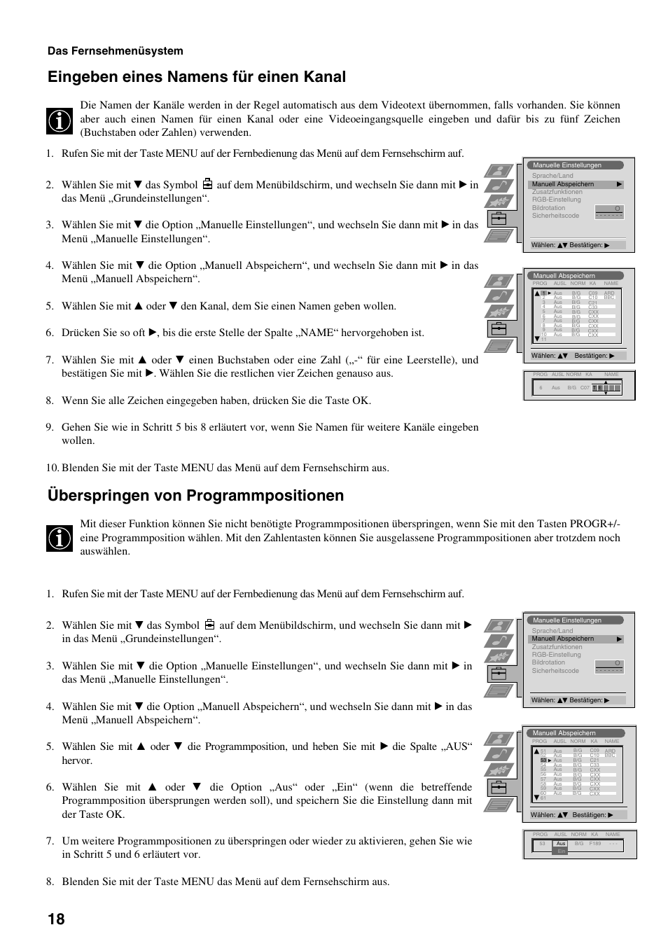 Eingeben eines namens für einen kanal, Überspringen von programmpositionen, Das fernsehmenüsystem | Sony FD Trinitron KV-32FX65 B User Manual | Page 20 / 140