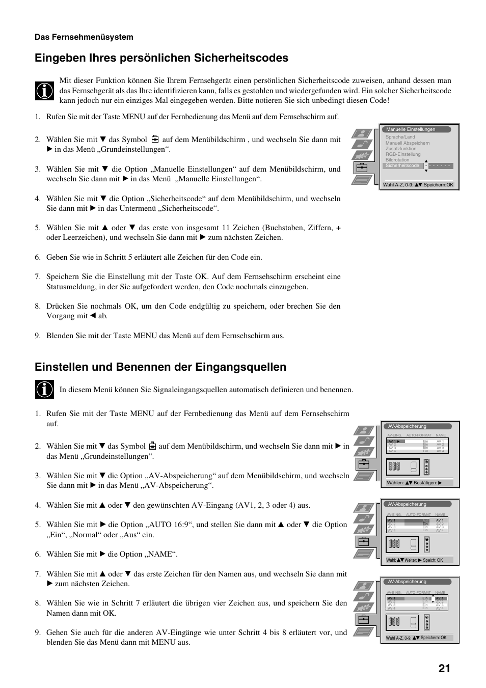 Eingeben ihres persönlichen sicherheitscodes, Einstellen und benennen der eingangsquellen, Das fernsehmenüsystem | Sony FD Trinitron KV-32FX65 B User Manual | Page 23 / 140